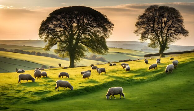 a field with sheep grazing on it and a tree in the background