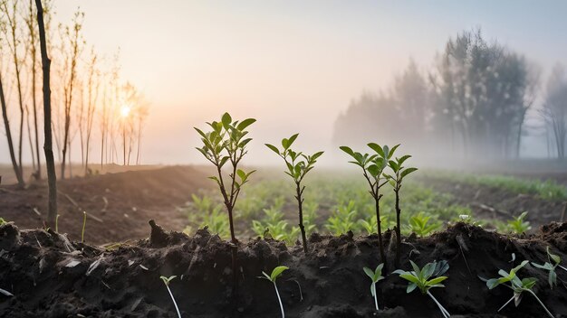 a field with a small plant growing in it