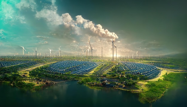 Field with solar batteries and wind farms renewable sources of\
electrictrity green energy sea shore cloudy sky ecology sustainable\
clean environment technology concept 3d artwork background