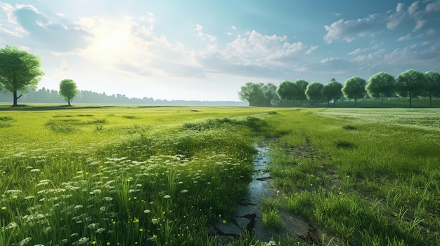 A field with a stream and trees in the background