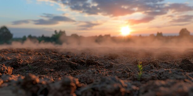 Photo a field with a sunset in the background