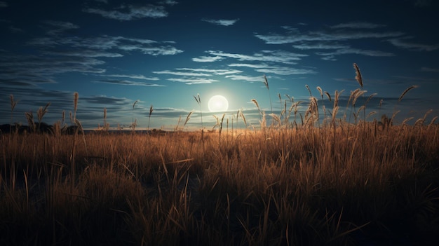 A field with tall grass and a full moon