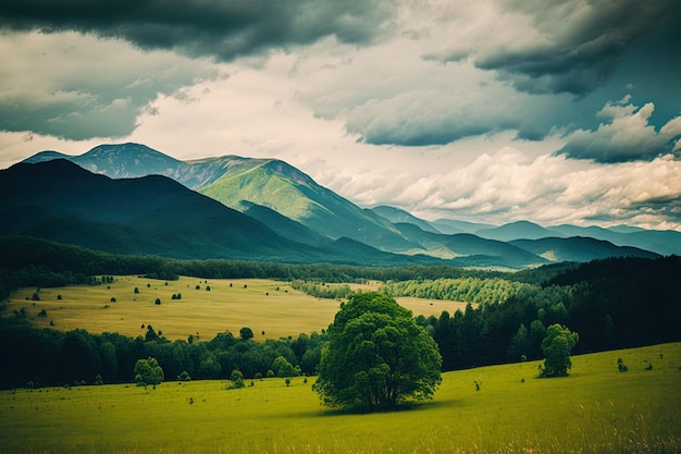 Field with tall green mountains around it under an overcast sky