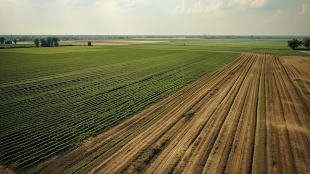 a field with a tractor and plowed agricultural field