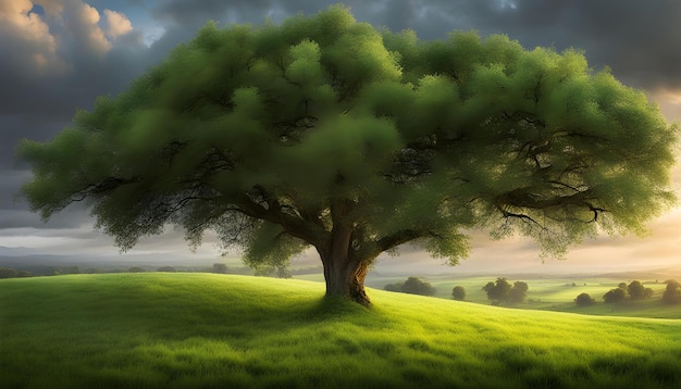 Photo a field with a tree and a field with a sunset in the background