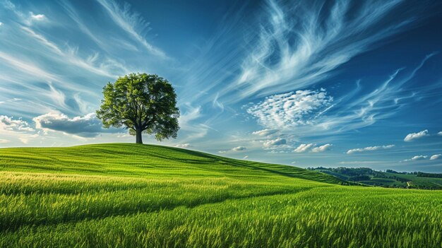 a field with a tree on the top of it