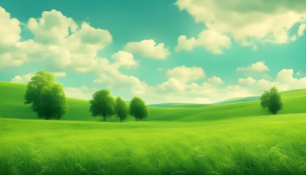 a field with trees and a blue sky with clouds