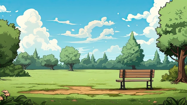 A field with trees features a park bench Generative AI