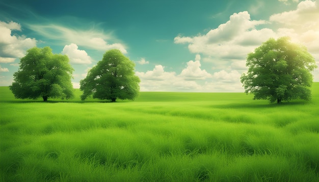 Foto un campo con alberi e un campo verde con uno sfondo celeste