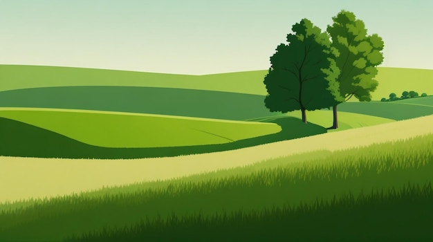 a field with trees and a green field with a tree in the middle.