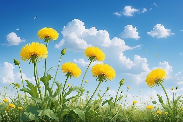 Field with yellow dandelions and blue sky