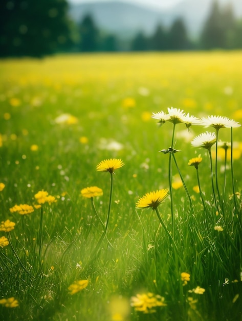 Photo the field with yellow dandelions closeup of a golden meadow
