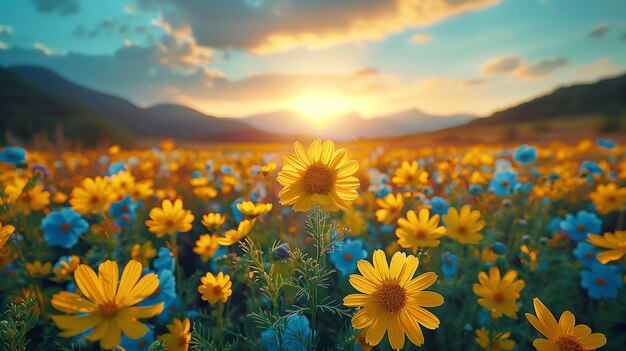 A field of yellow and blue wild flowers at sunset