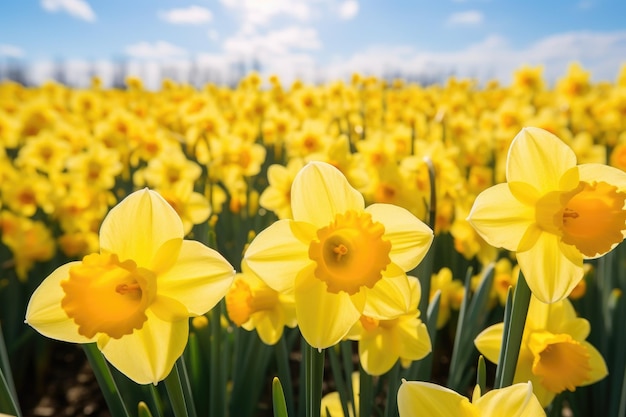 A field of yellow daffodils with a blue sky in the background