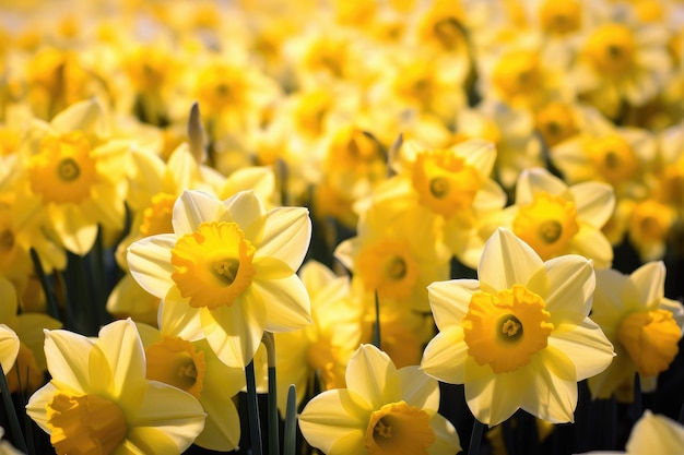 A field of yellow daffodils with a yellow flower in the middle