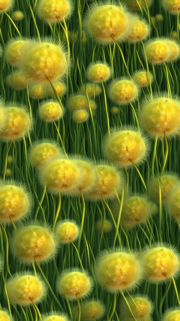 A field of yellow dandelions with the word dandelions on it.