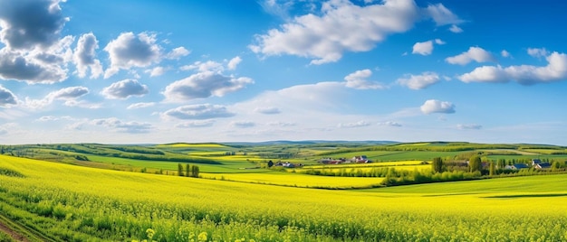 Foto un campo di fiori gialli sotto un cielo azzurro