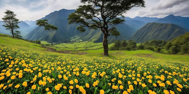 A field of yellow flowers in front of a mountain range.