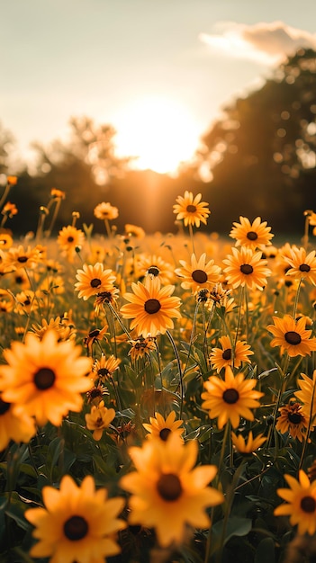 A field of yellow flowers at sunset