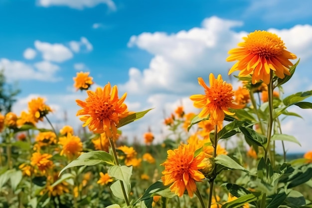 a field of yellow flowers with a blue sky in the background