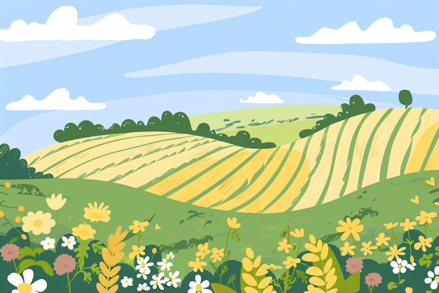 a field of yellow flowers with a field of green and yellow flowers