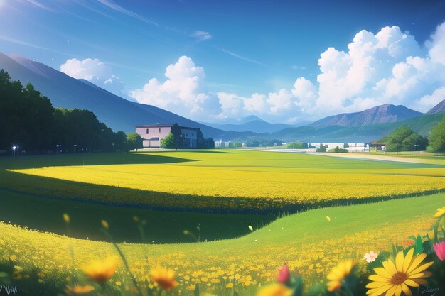 A field of yellow flowers with a house in the background