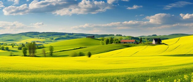 A field of yellow flowers with a house in the distance