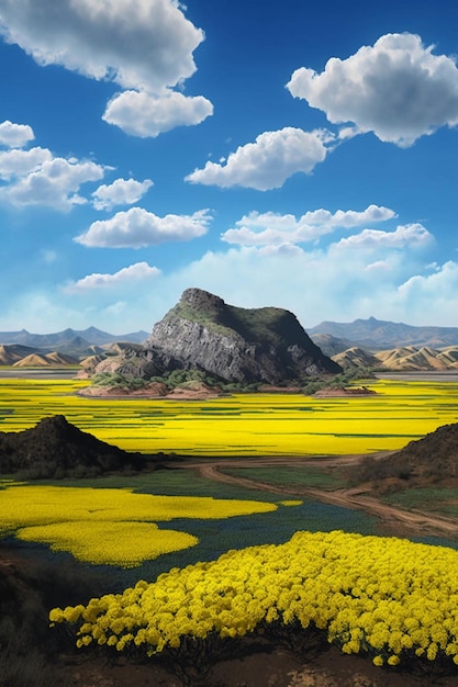 Field of yellow flowers with a mountain in the background generative ai