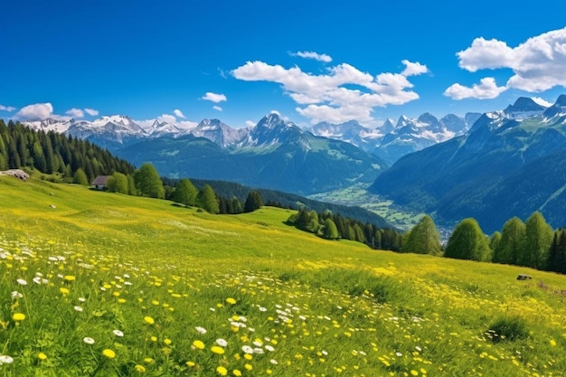 Photo a field of yellow flowers with a mountain in the background