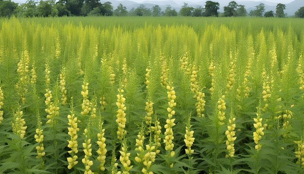 Photo a field of yellow flowers with a mountain in the background