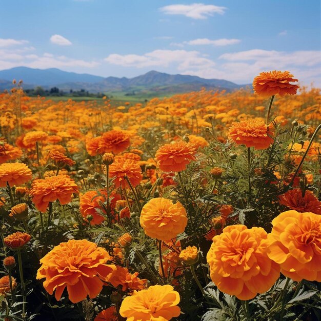 a field of yellow flowers with mountains in the background