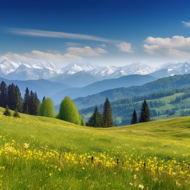 A field of yellow flowers with mountains in the background.