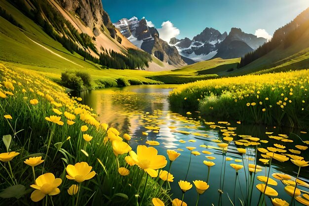 A field of yellow flowers with mountains in the background