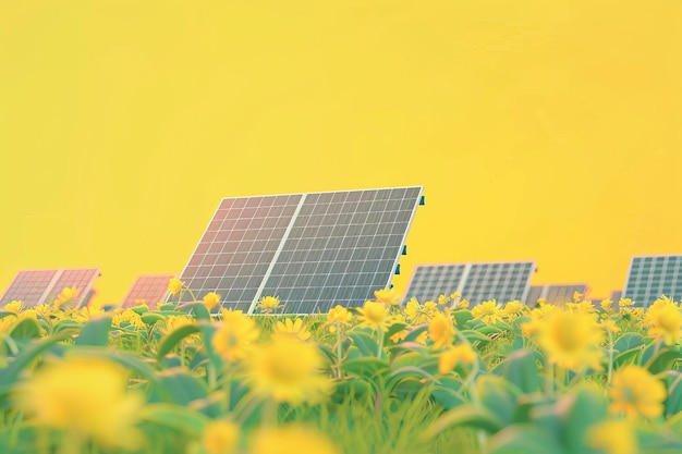 A field of yellow flowers with a row of solar panels in the background