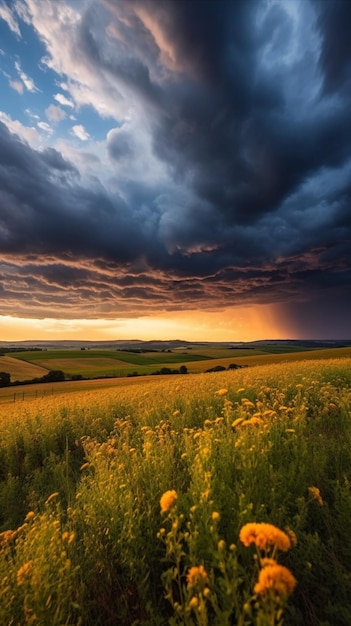 A field of yellow flowers with a stormy sky in the background