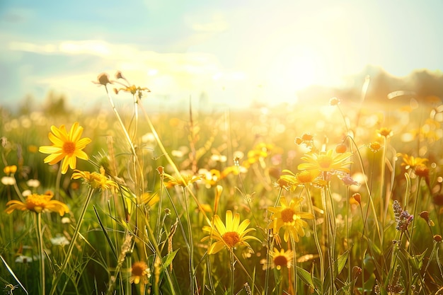 Field of Yellow Flowers With Sun Background