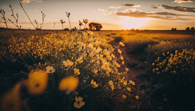 A field of yellow flowers with the sun setting behind it