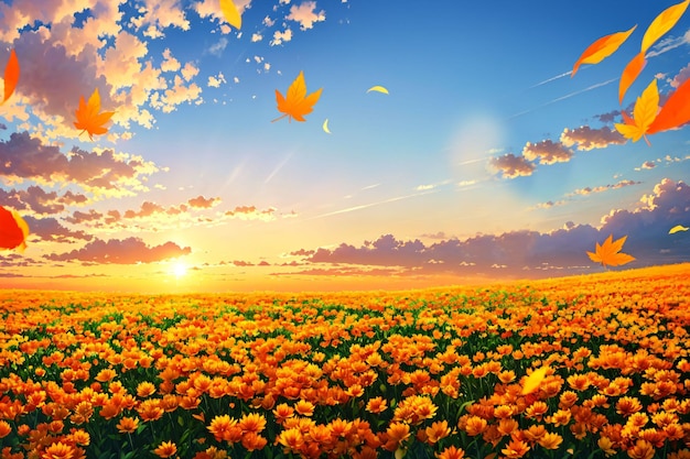 A field of yellow flowers with the sun setting behind them