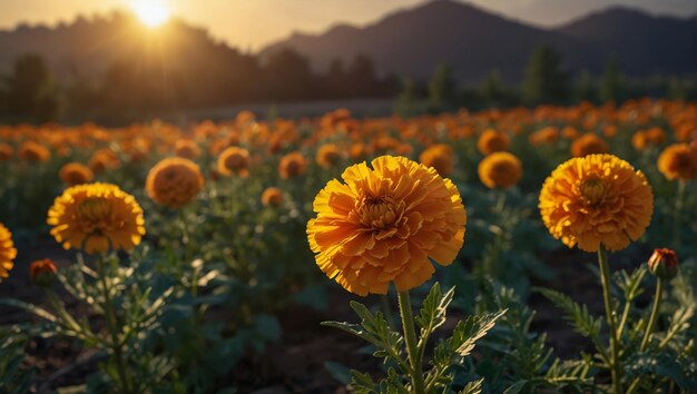 a field of yellow flowers with the sun behind them