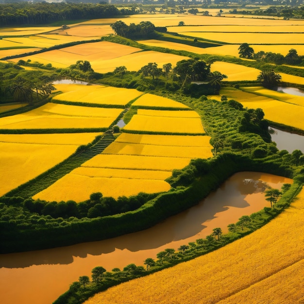 A field of yellow and green crops with a small pond in the middle.