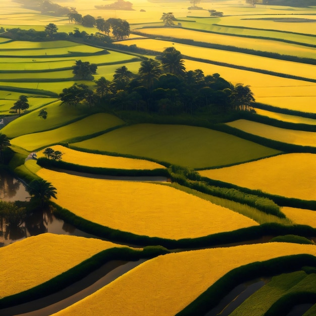 A field of yellow and green crops with a small tree in the middle.