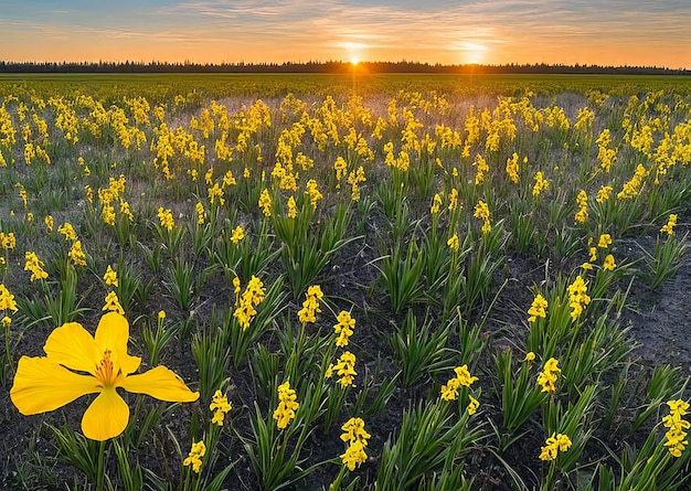 Foto un campo di iris gialli con il sole che tramonta dietro di loro.