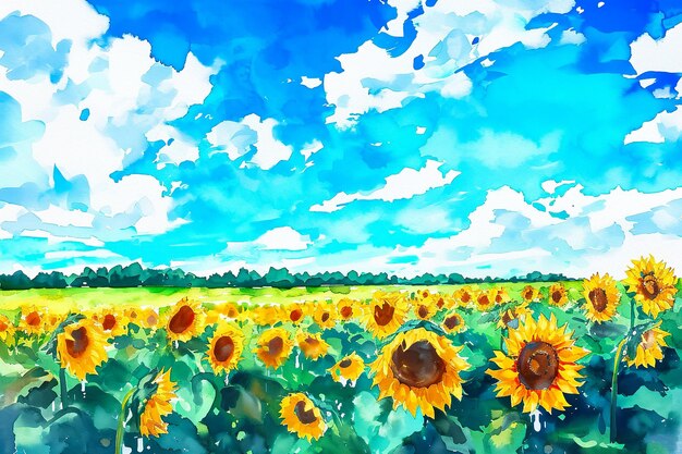 Foto un campo di girasoli gialli con un cielo blu sullo sfondo