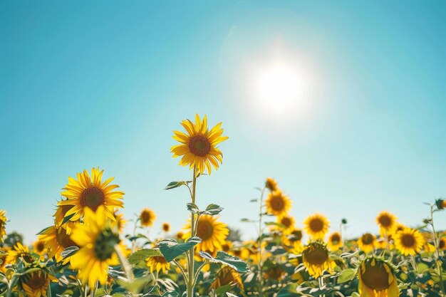 A field of yellow sunflowers with a bright blue sky in the background