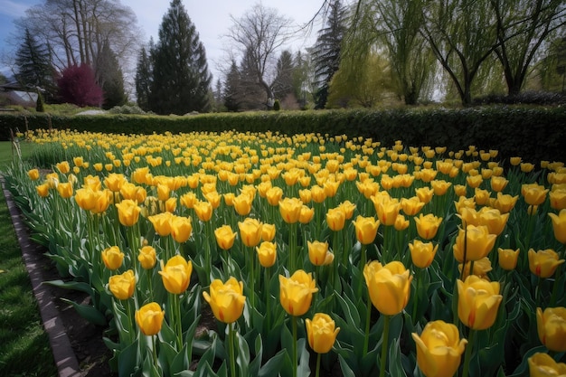 A field of yellow tulips growing in a botanical garden created with generative ai