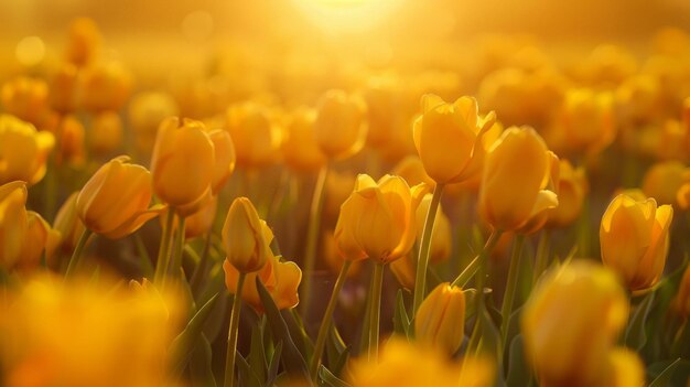 A field of yellow tulips sunlight