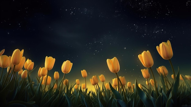 A field of yellow tulips with the sky in the background