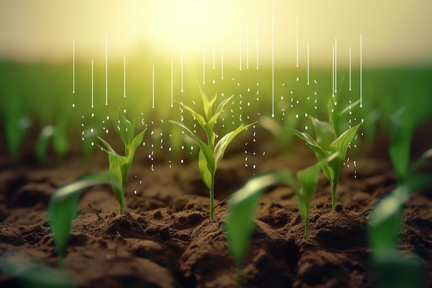 A field of young plants with a digital rain drop over the top.