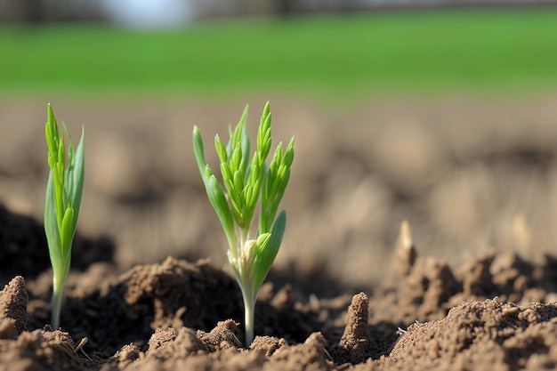 In a field young wheat seedlings are sprouting