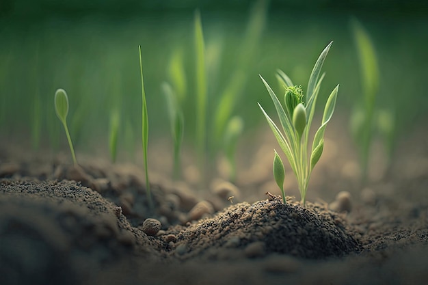 In a field young wheat seedlings are sprouting